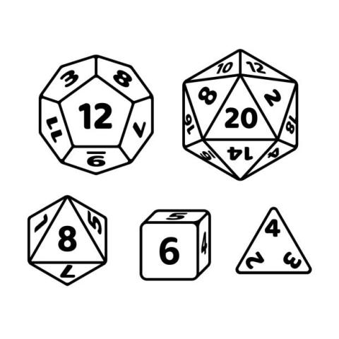 six dice- 20 sided, 12 sided, 8 sided, 6 sided, and 4 sided 