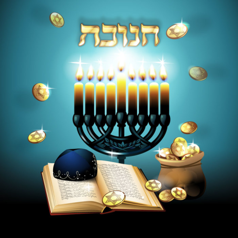 A menorah with the Torah open in front of it and a yarmulke sitting on the open pages with a bag of coins next to the menorah 