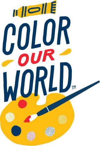 Paint palette and brush and tube of paint with the words "color our world" 