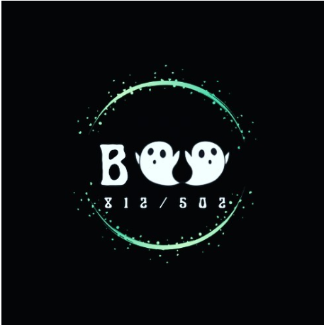 the word "boo" with two ghosts as the o's and the numbers 812/502 below 