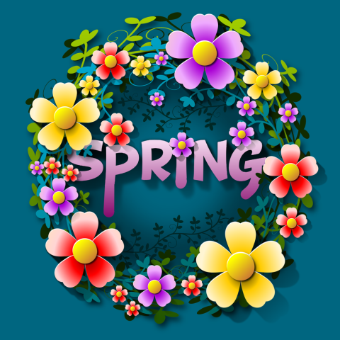 purple letters reading "Spring" surrounded by a circle of yellow, pink, and purple flowers 