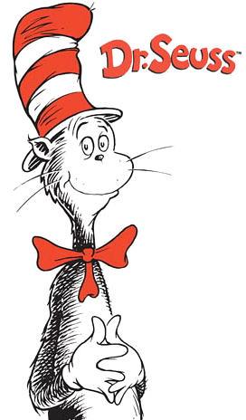 a picture of a cat wearing a red and white striped hat and a red bow tie next to the words "Dr. Seuss" 