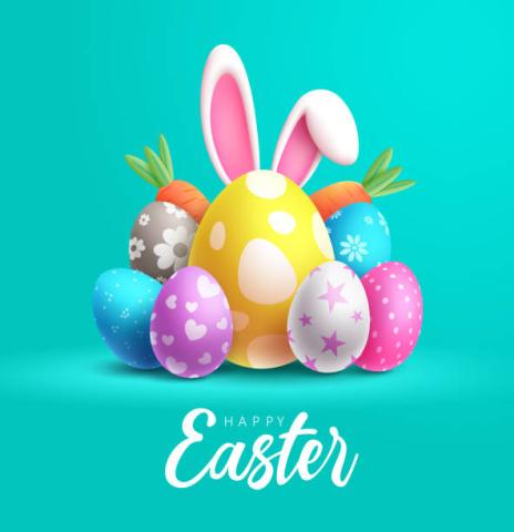 blue background with decorated eggs, the biggest one with bunny ears, and the words "happy easter" 