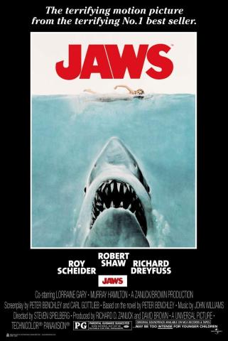 Movie poster for the film "Jaws" featuring a large shark swimming upwards towards an unsuspecting swimmer.