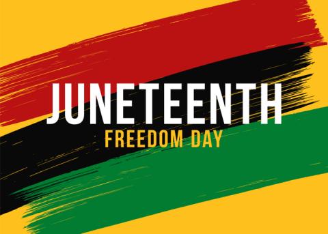 yellow, red, black, and green background with the words "Juneteenth Freedom Day" 