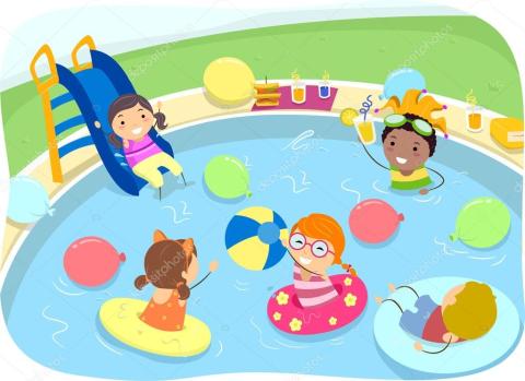 Kids playing in a swimming pool with innertubes and a slide