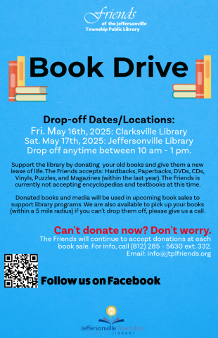 Friend's Book Drive flyer: info below