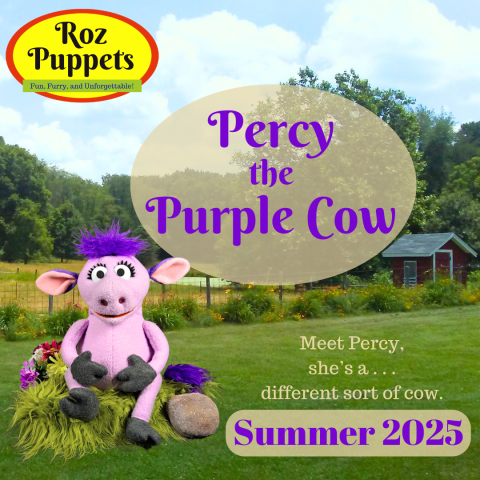 Farm background with a purple cow muppet with the words "percy the purple cow" 