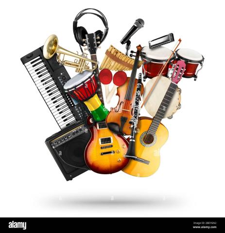 photo of several musical instruments including keyboard, guitar, bongos, maracas, and a trumpet
