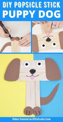 words "DIY Popsicle Stick Puppy Dog" with a photo of a dog made of popsicle sticks and construction paper