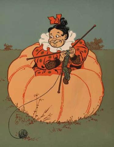 Smiling woman wearing red, sitting in a pumpkin, knitting with yarn.