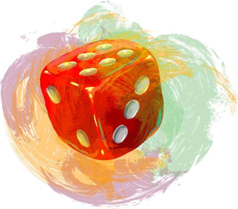 picture of a red dice that looks artistically rendered and backed by purple, yellow, and green paint swatches.