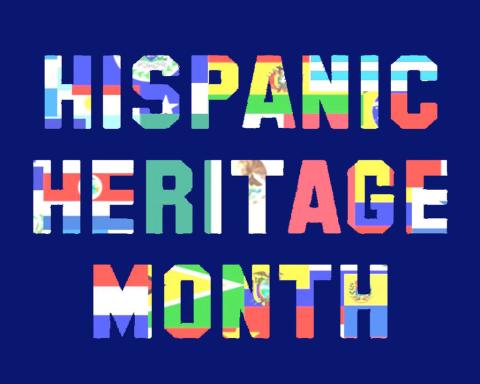 words "hispanic heritage month" with different flag images within each letter 