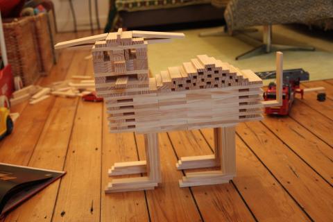 Keva building planks in the shape of a dog