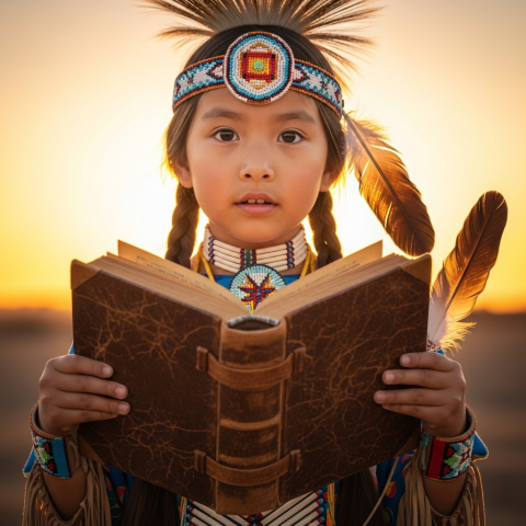 Photo of a Native American child with an open book in their hands