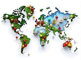 A world map decorated with festive holiday icons like ornaments, trees, and gifts representing global celebrations