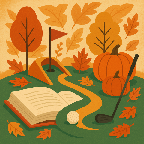 An autumn-themed illustration showing an open book, golf club, and ball on a mini-golf course surrounded by pumpkins, fall leaves, and trees in warm orange and yellow tones. 