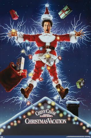 National Lampoon's Christmas Vacation movie poster; a man dressed as Santa Claus is comically electrocuted while tangled in Christmas lights, with gifts flying around him against a dark blue background.