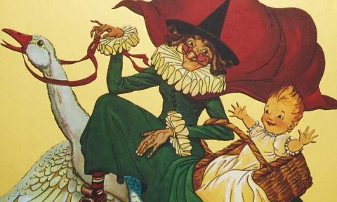 Vintage depiction of Mother Goose and a baby riding a goose