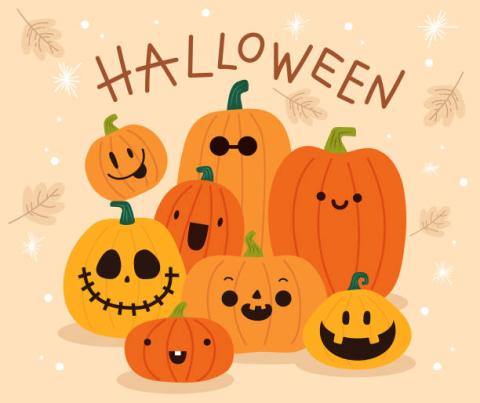 Several cartoon Jack-o-lanterns with "Halloween" above them 