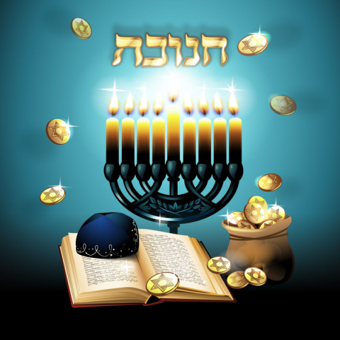 menorah, coins, and the torah against a blue background