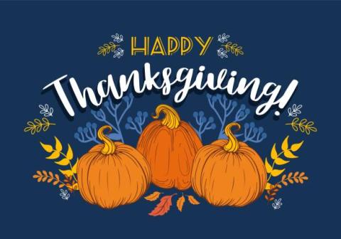 pumpkins and leaves on a blue background with "happy thanksgiving" above 