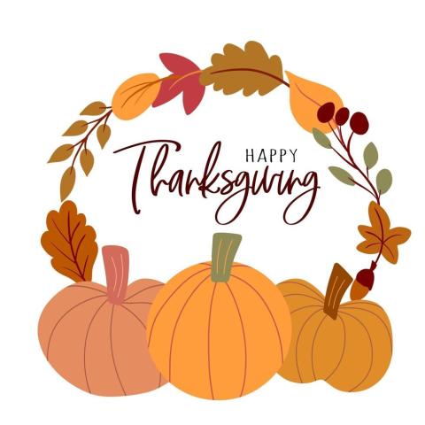 Pumpkins with leaves in an arch above them with "happy thanksgiving" under the arch 