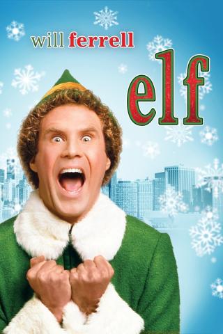 Movie cover for "ef" with Will Ferrell dressed as an elf with his mouth open 