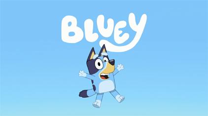 Blue background with a heeler dog and the word Bluey 