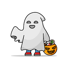 Child in a ghost costume holding a jack-o-lantern trick or treat bucket 