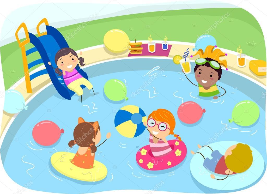 Kids playing in a swimming pool with innertubes and a slide