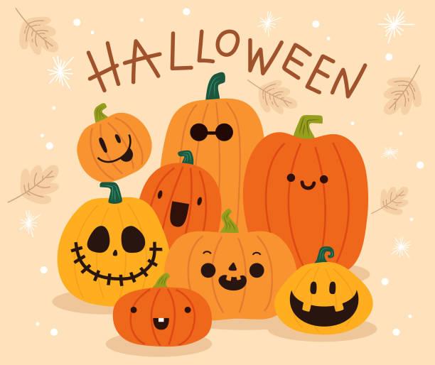 Several cartoon Jack-o-lanterns with "Halloween" above them 