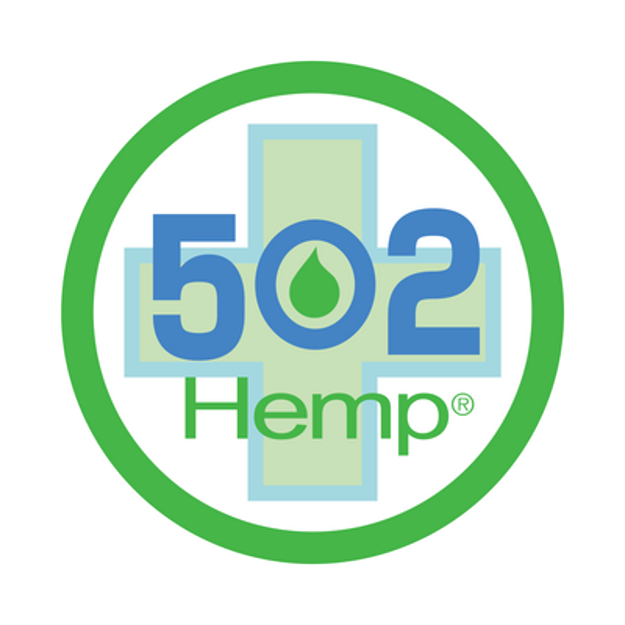 502 Hemp Logo featuring a green cross, the company name, and a droplet in the 0.